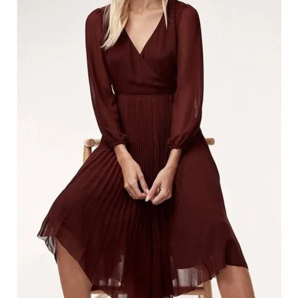 Aritzia Wilfred Beaune Dress Pleated Wrap Long Sleeve Burgundy Size Extra Small - Picture 3 of 13